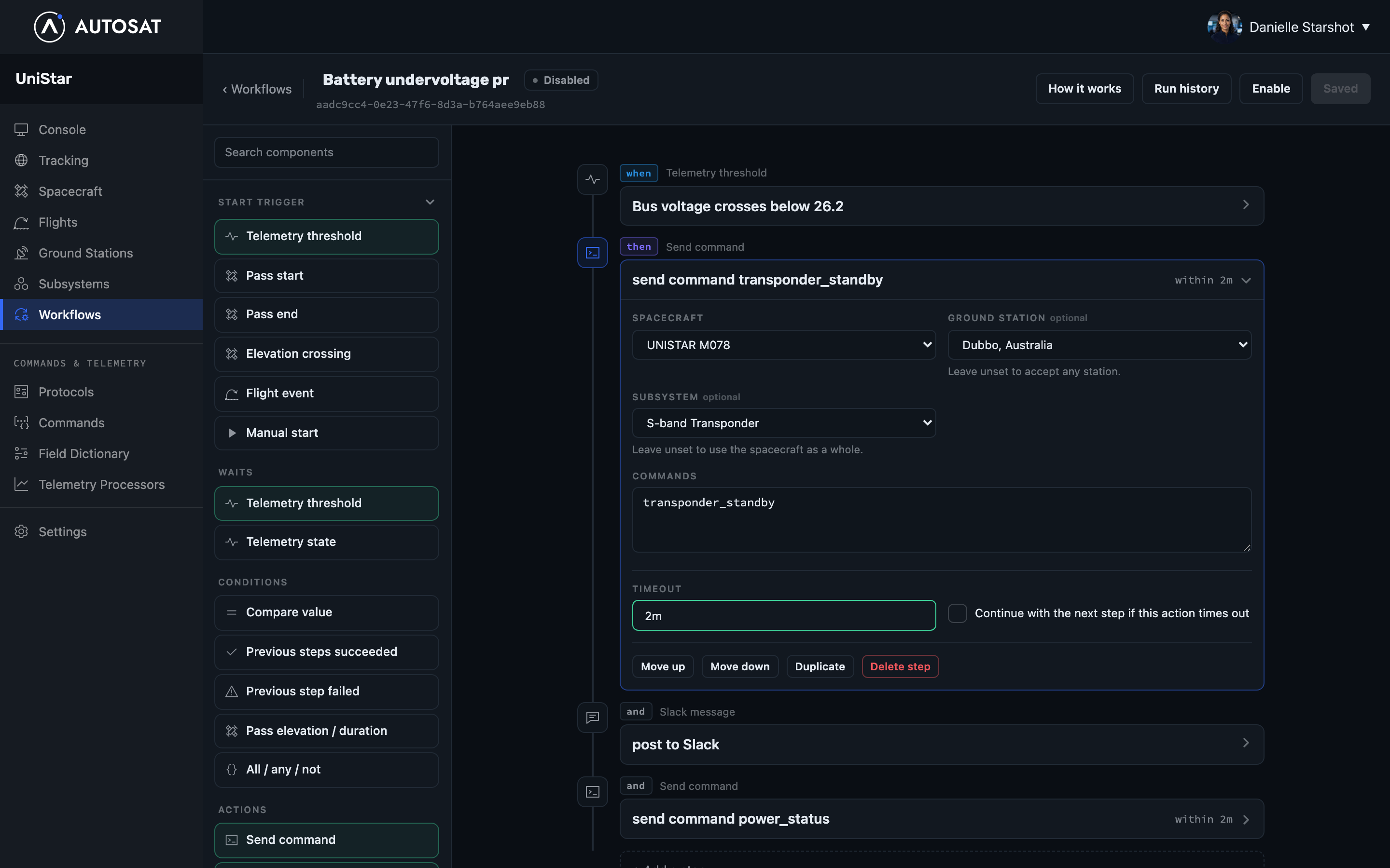 AutoSat workflow editor showing a battery undervoltage response built from a telemetry
             trigger, a send command step and a Slack notification
