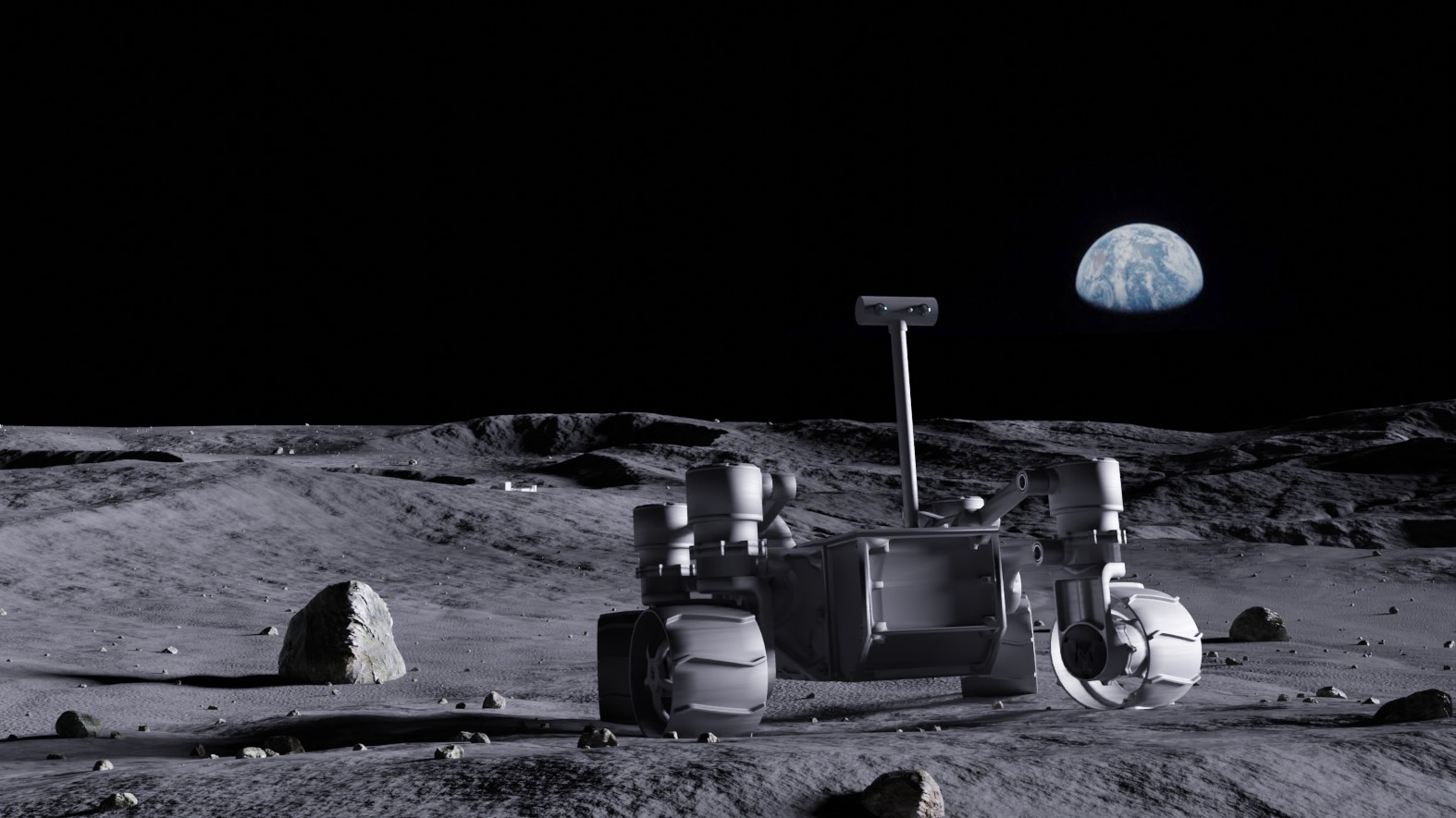 R1 rover on the Moon, with the Earth in the background