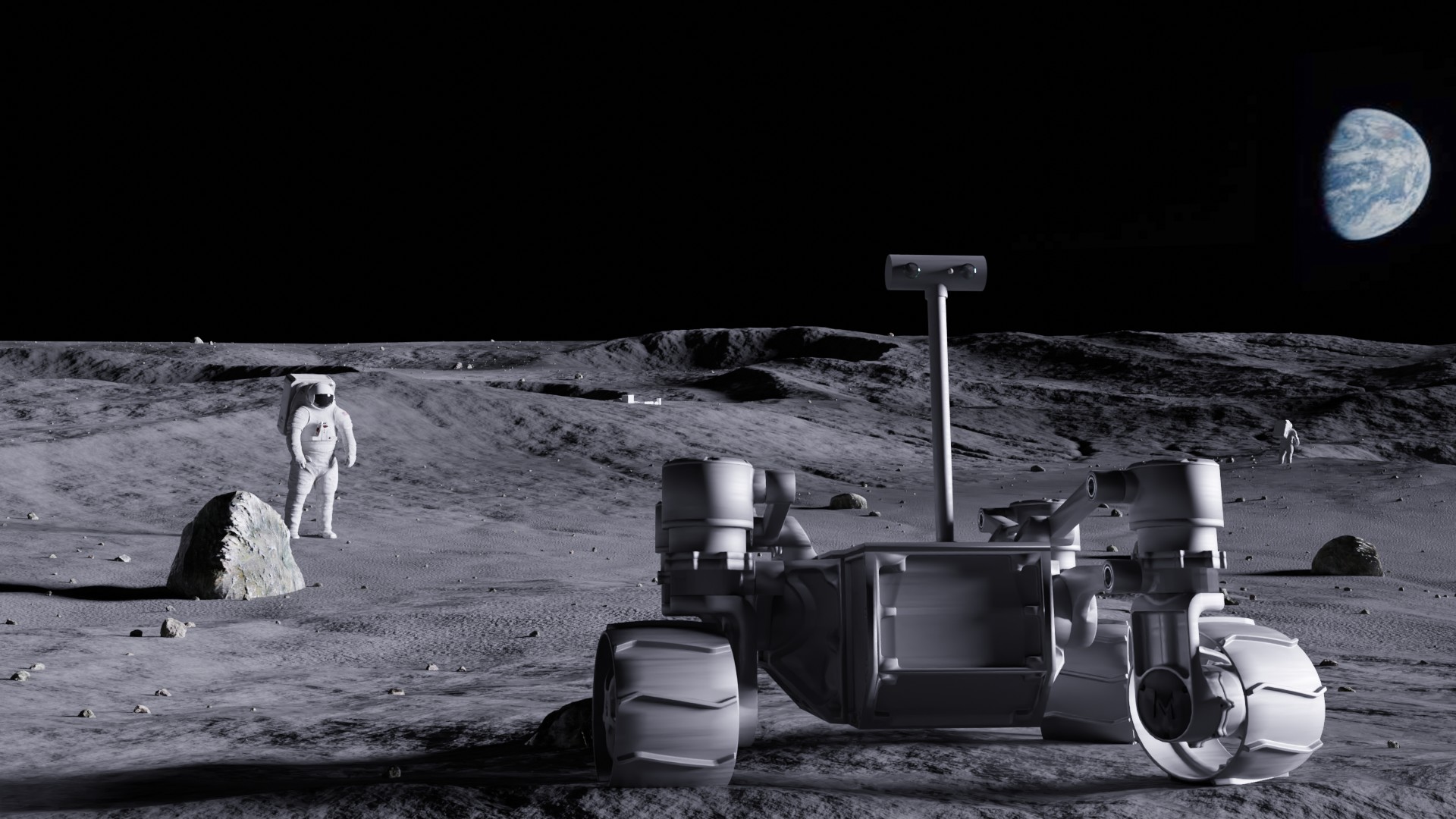 R1 rover on the Moon, with the Earth in the background