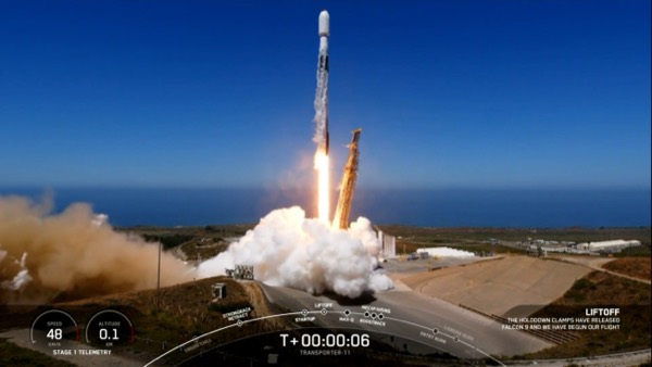 Falcon 9 lifting off from Vandenberg Space Force Base carrying the Transporter-11 rideshare mission
